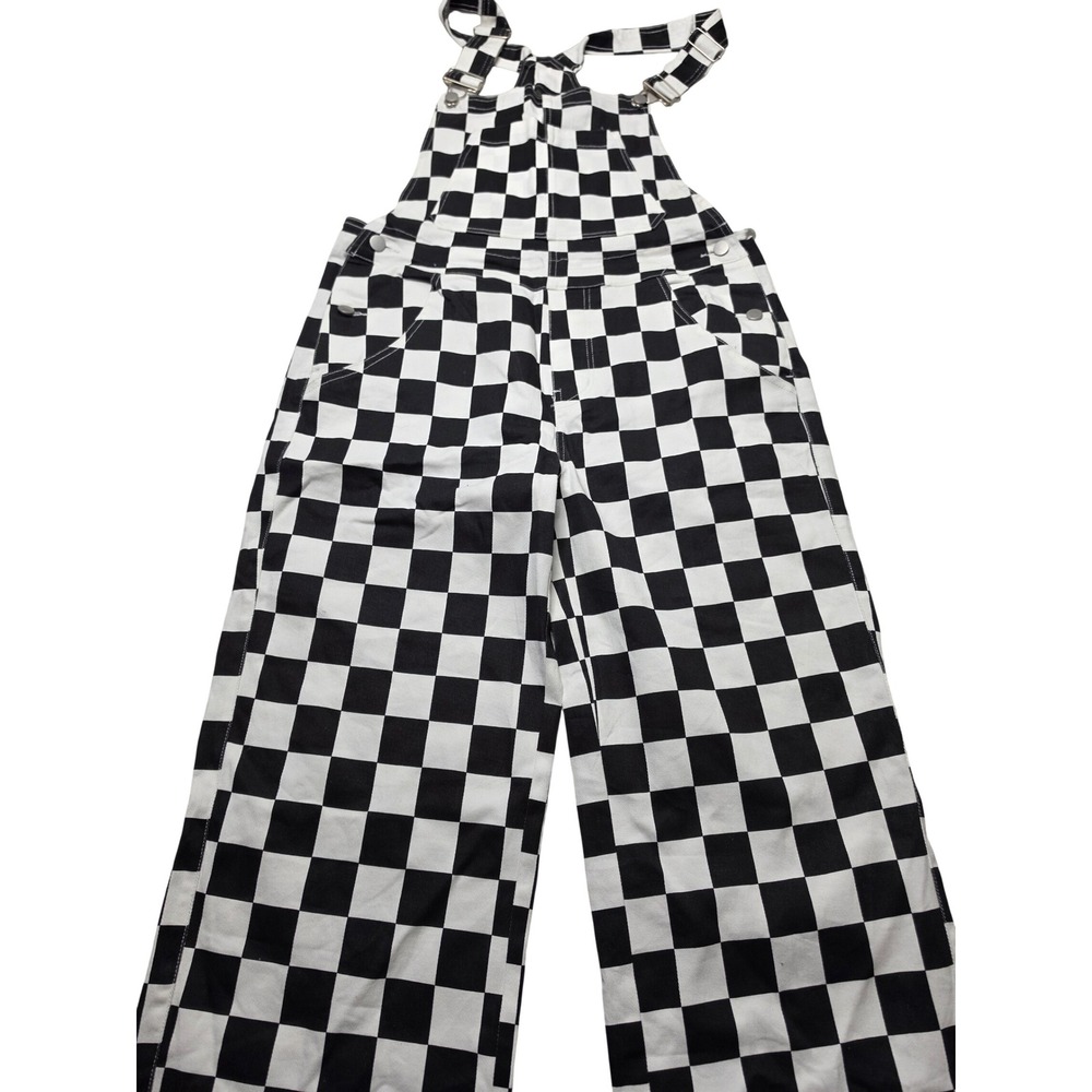 Black and White Checkered Wide Leg Overalls Women Size Large Racing Bib Jumpsuit